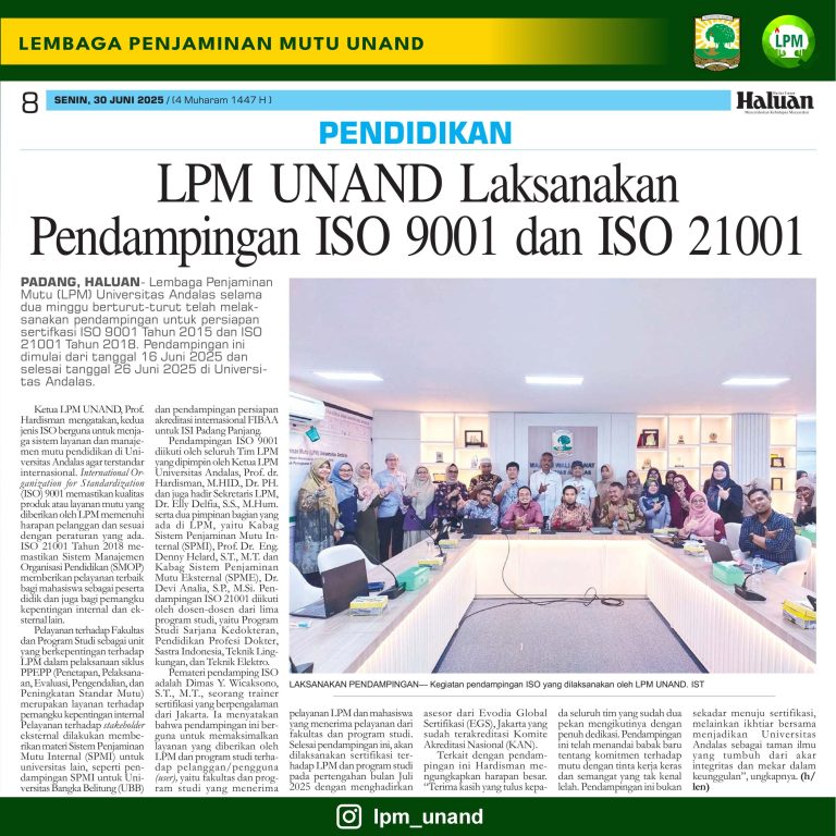 LPM UNAND Laksanakan Pendamping ISO 9001 dan ISO 21001